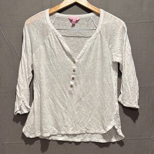 Lilly Pulitzer White Gold Buttoned Relaxed 100% Linen Blouse Gently Used